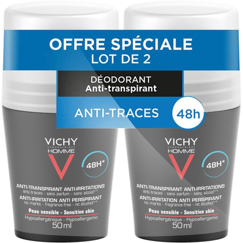 Vichy Homme Déodorant bille 48H anti-irritation 2 x 50 ml