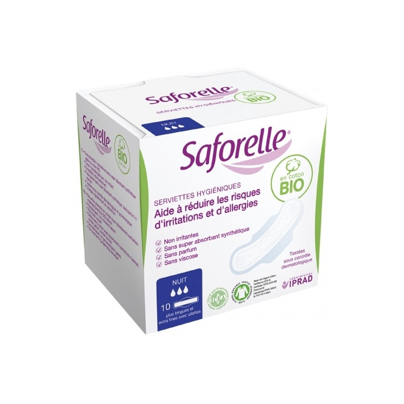 Saforelle Serviettes Hygiéniques Bio Extra Fines Avec Ailettes Nuit x 10 Saforelle Serviettes Hygiéniques Bio Extra Fines Avec Ailettes Nuit x 10