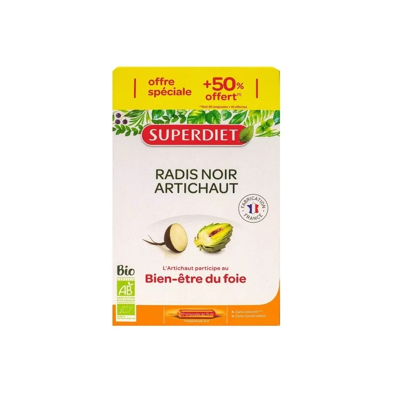 Super Diet Radis noir Artichaut Bio 20 ampoules + 10 Offertes Super Diet Radis noir Artichaut Bio 20 ampoules + 10 Offertes