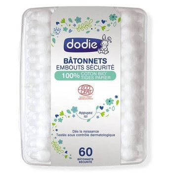 Dodie Bâtonnets Embouts Sécurité 100% Coton Bio Tige Papier x60