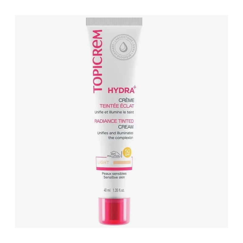 Topicerm Hydra+ - Crème Teintée Éclat SPF50 - Teinte Claire - Visage - Peaux Sensibles, 40ml